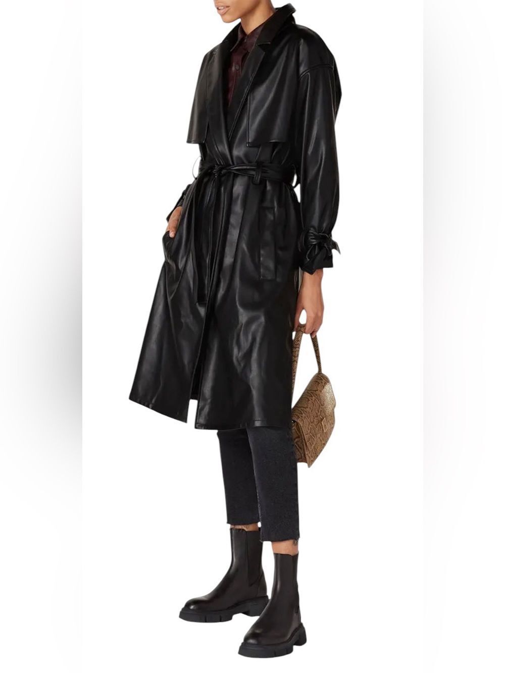 Love, Whit by Whitney Port Black Faux Leather Trench Coat Size Large